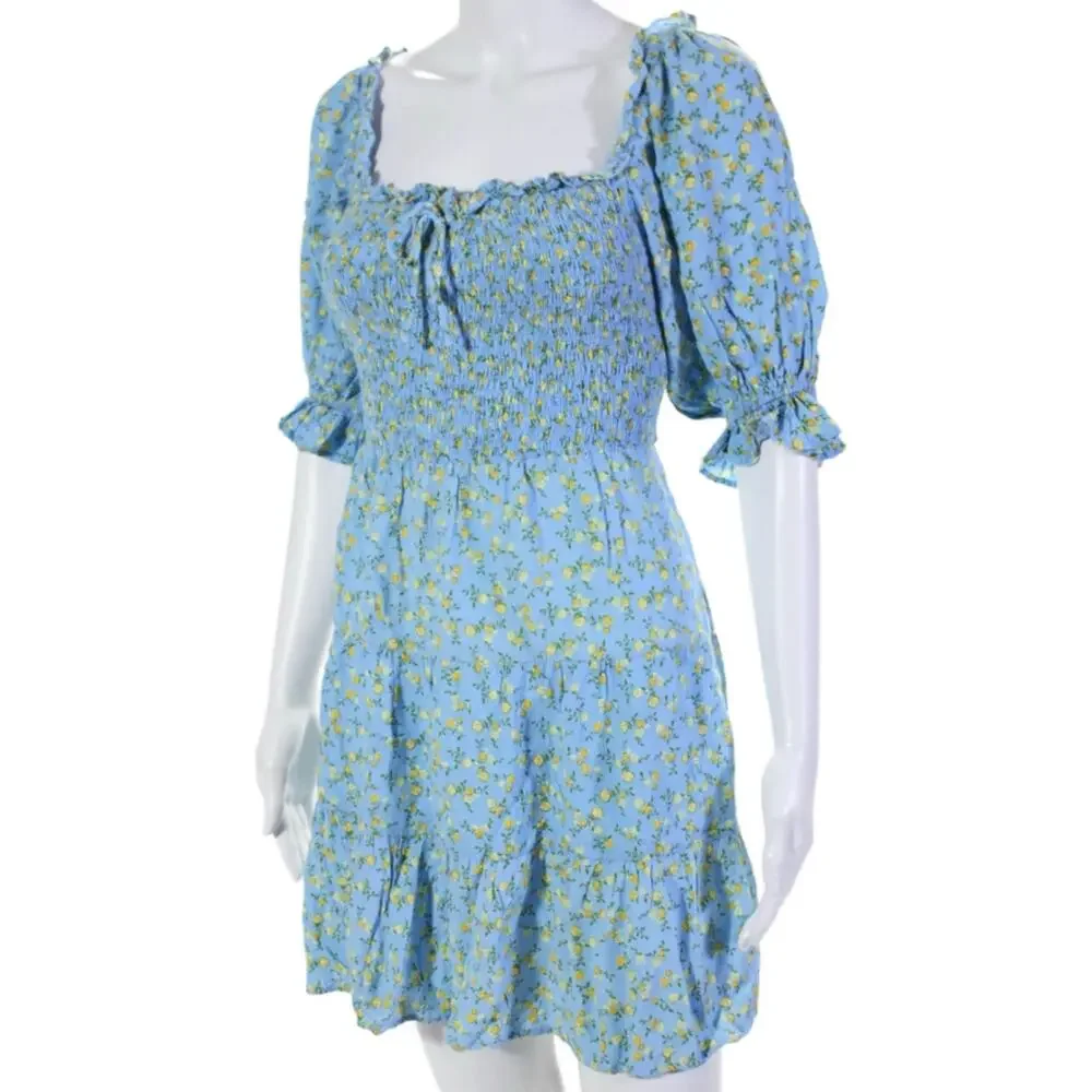 Faithfull the Brand Charolette Smocked Mini Dress Blue Yellow XL - Picture 5 of 9